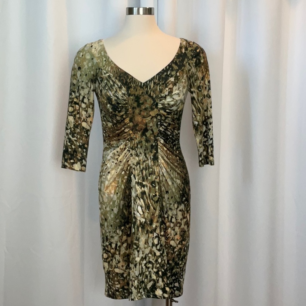 Boston Proper Green Cream Black Animal Print Ruched Dress Women Size 12